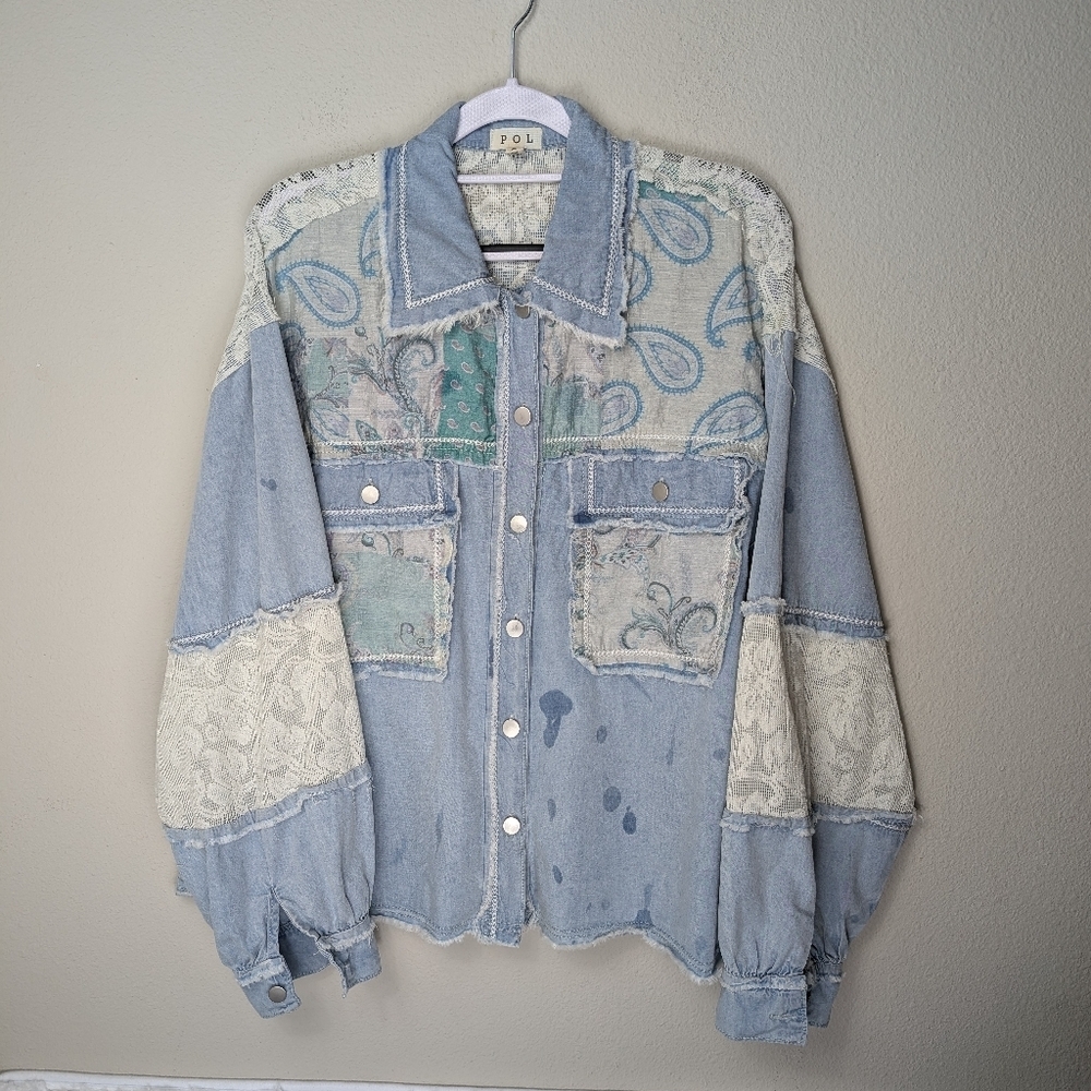 POL Patchwork Denim Jacket Women's Small Shirt Bl… - image 12